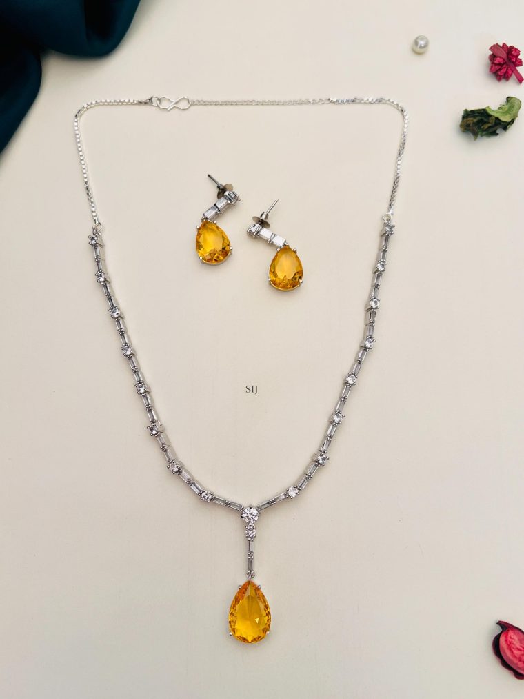 Yellow Stone Tear Drop Pendant with Silver Plated AD Stones Chain