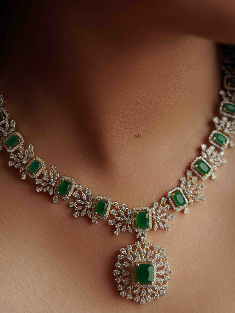 Silver Finish Zircon and Emerald Stone Necklace