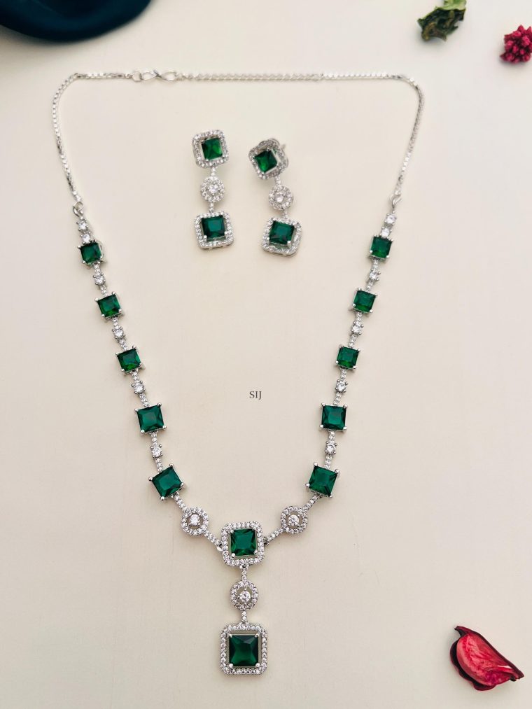 Silver Plated Green and AD Stones Necklace