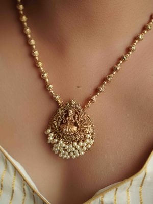 Gold Beads Necklace with Pearls Lakshmi Pendant