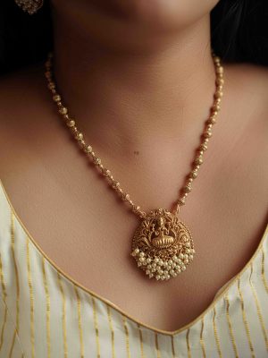 Gold Beads Necklace with Pearls Lakshmi Pendant