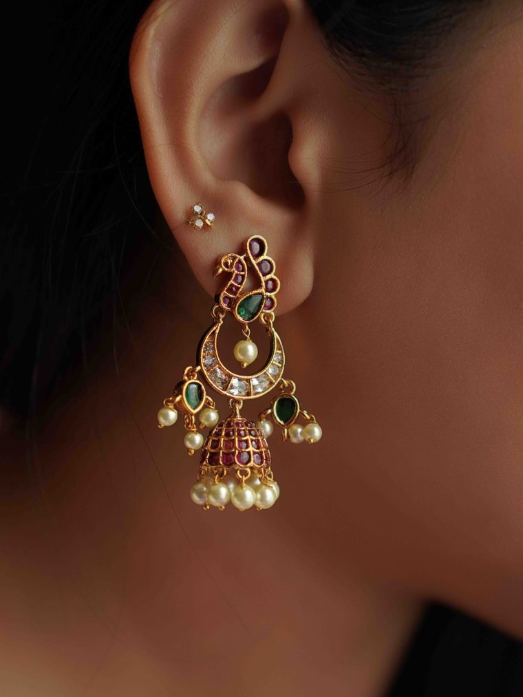 Gold Finish Peacock Chand Bali Jhumkas