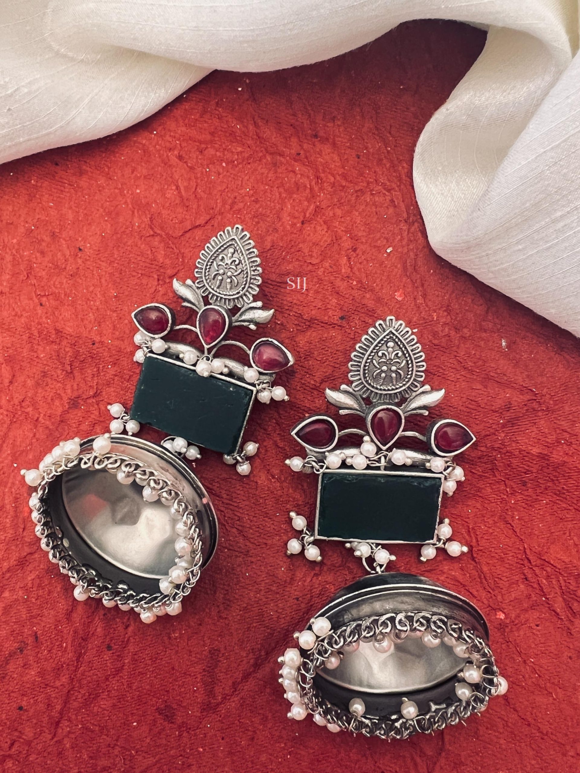 Green Stone German Silver Jhumkas with Pearls Hangings