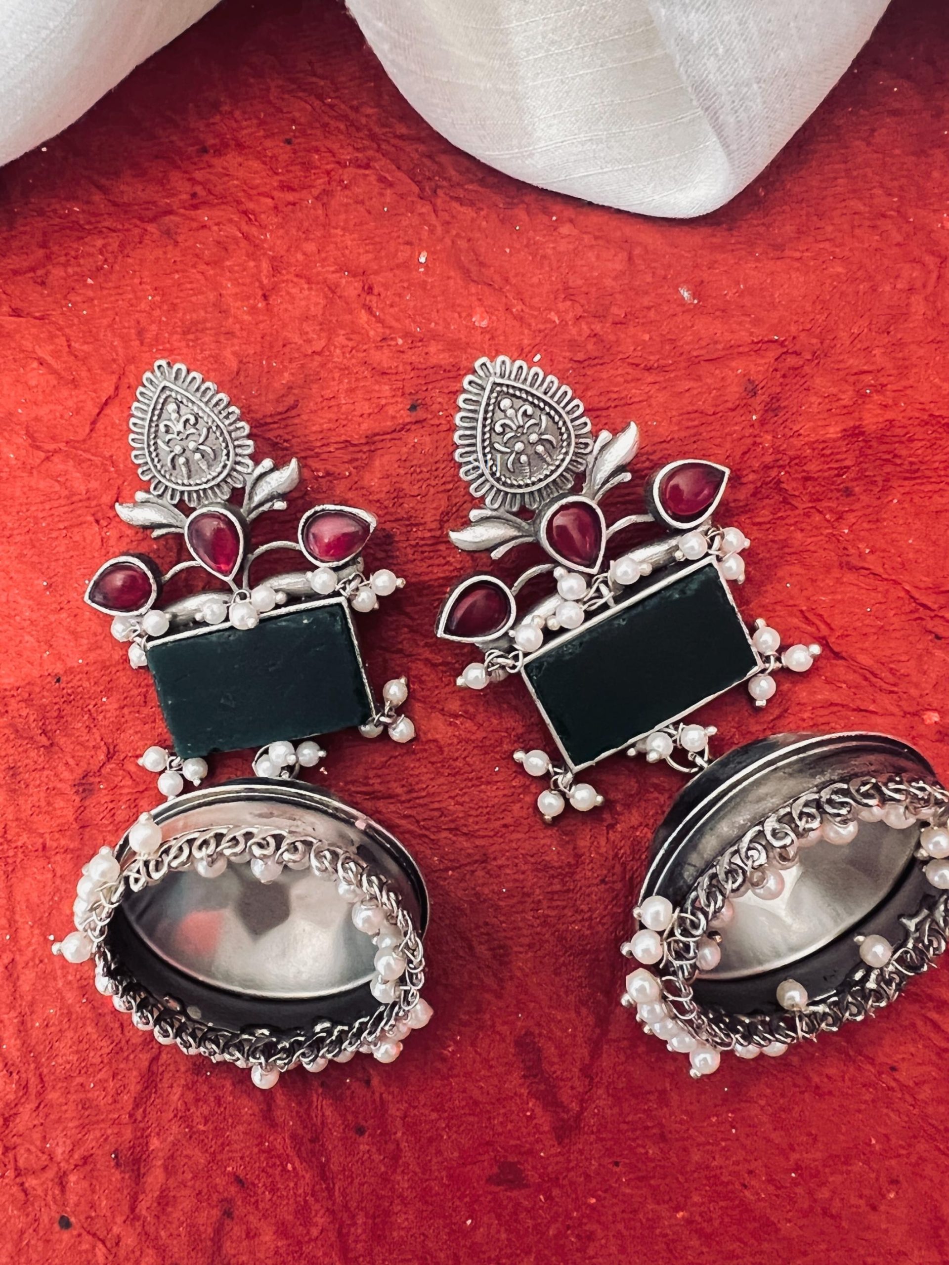 Green Stone German Silver Jhumkas with Pearls Hangings