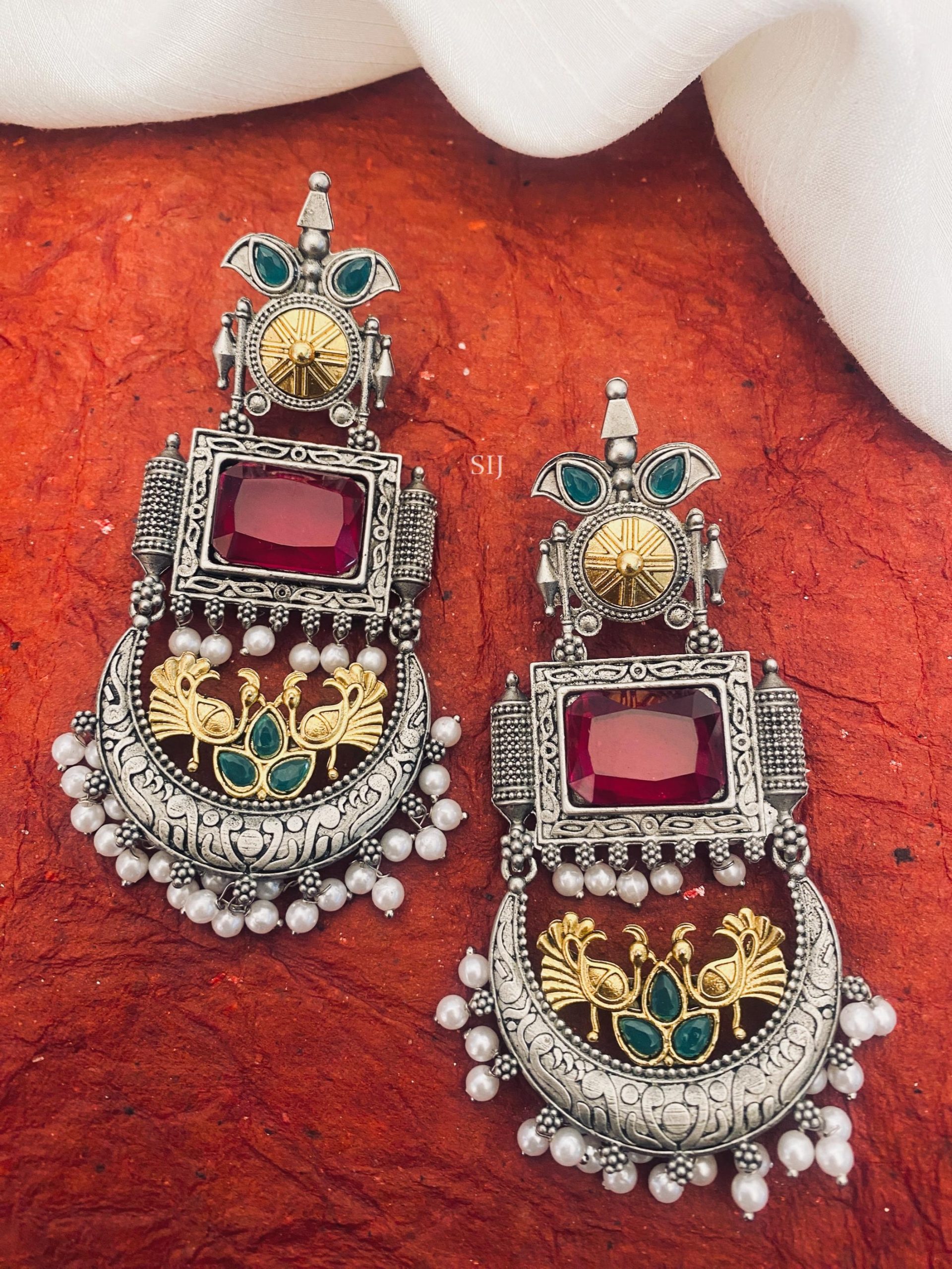 Red Stone German Silver Chand Bali Earring with Pearls Hangings