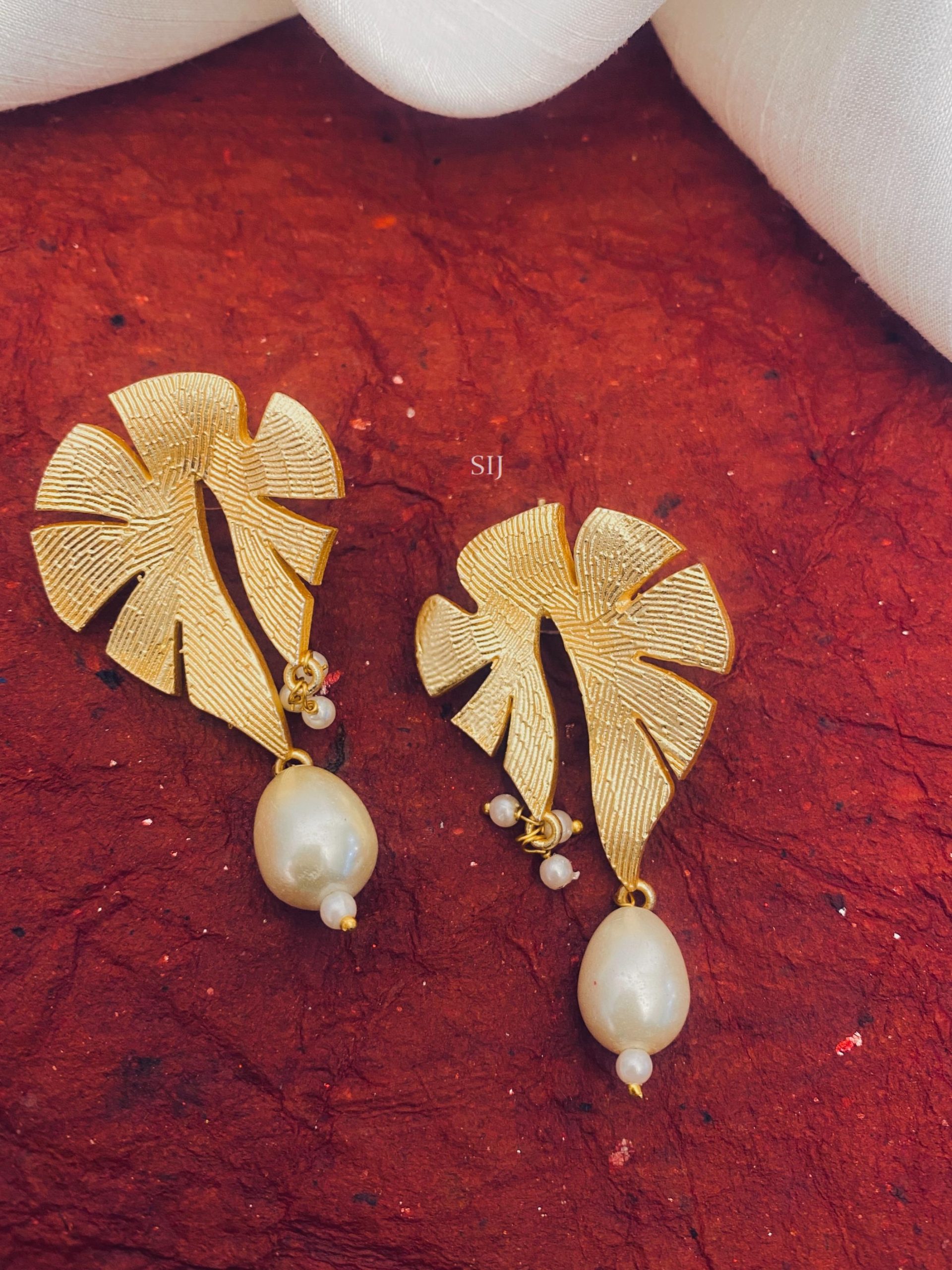 Gold Plated Leaf Design Pearls Hanging Earrings