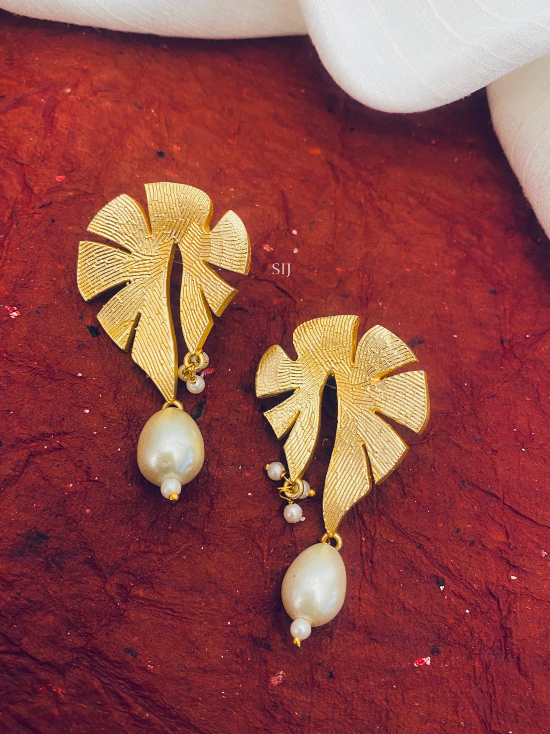 Gold Plated Leaf Design Pearls Hanging Earrings