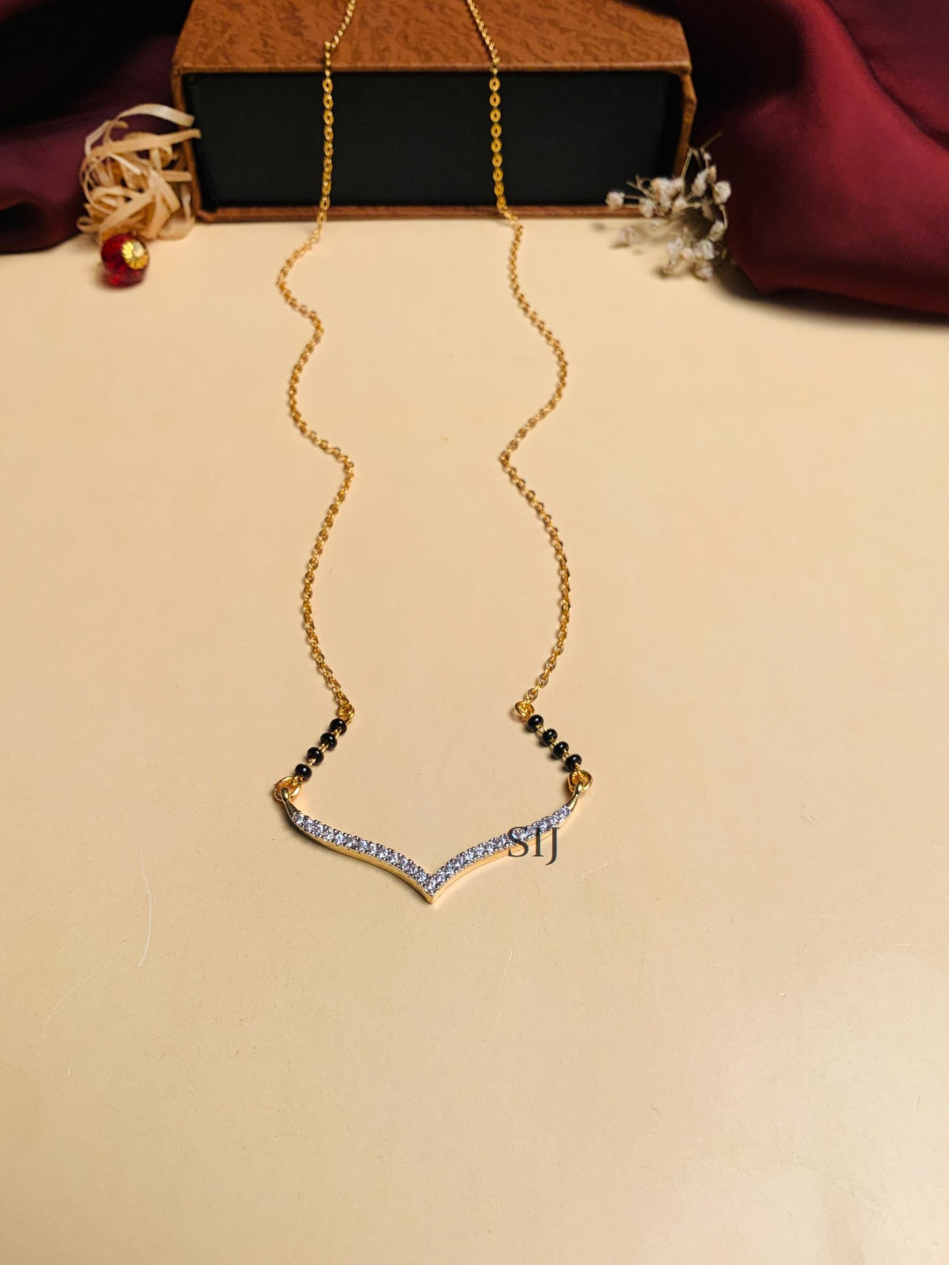 Black Beaded Gold Plated Solitaire Diamond Mangalsutra