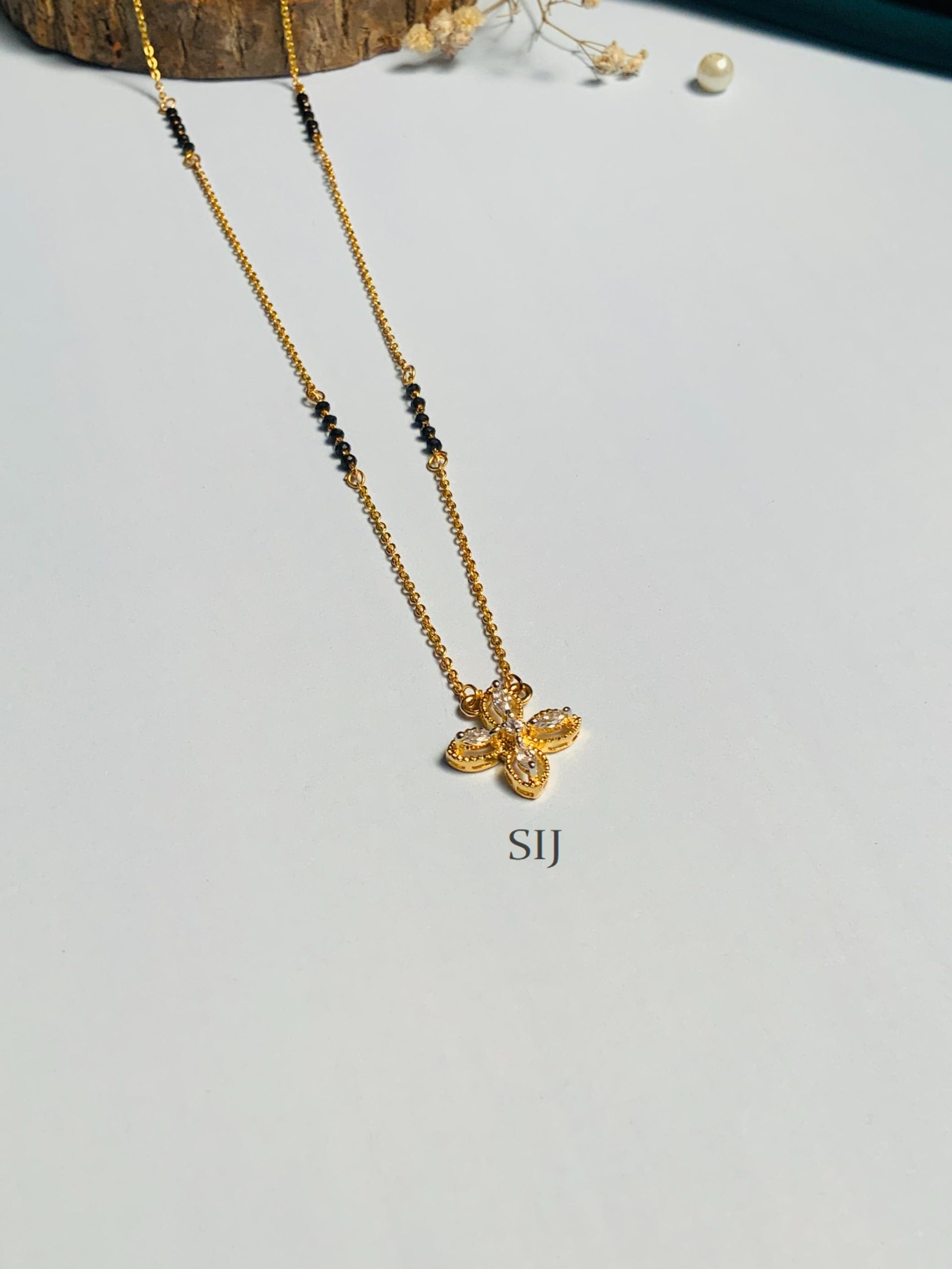 Cross Shaped Flower Pendant Gold Plated Solitaire Diamond Mangalsutra