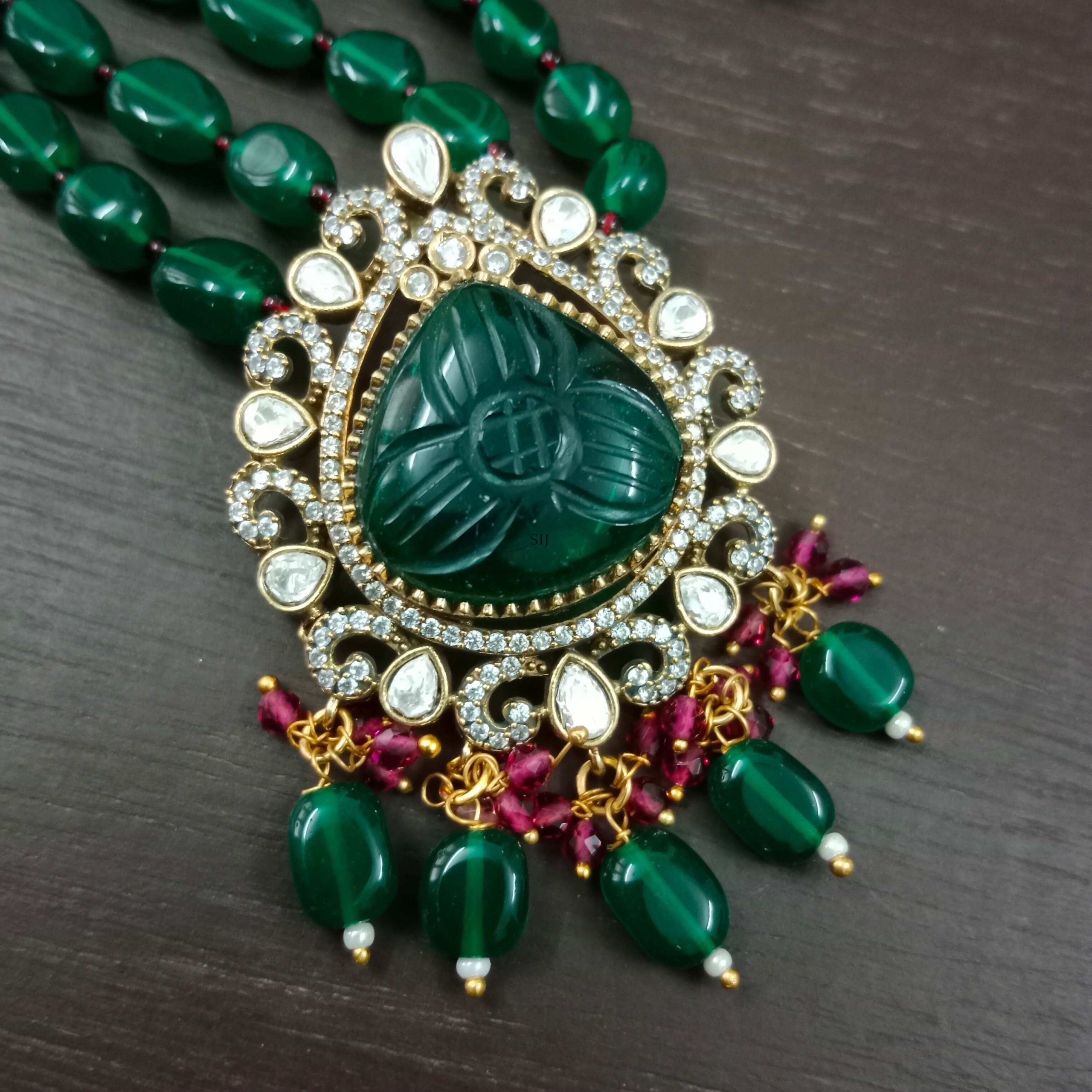 Artificial Dark Green Bead Victorian Haram - South India Jewels