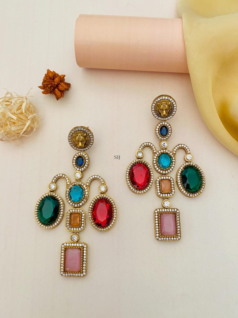 Artificial Multicolour Stone Lion Design Earrings