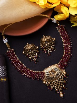 Artificial Ruby Beads Flower Design Necklace