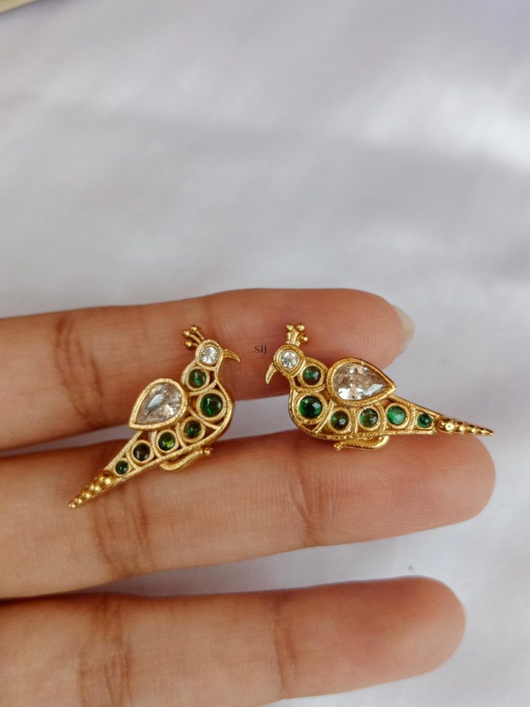 Bird Design Green and White Stone Earrings