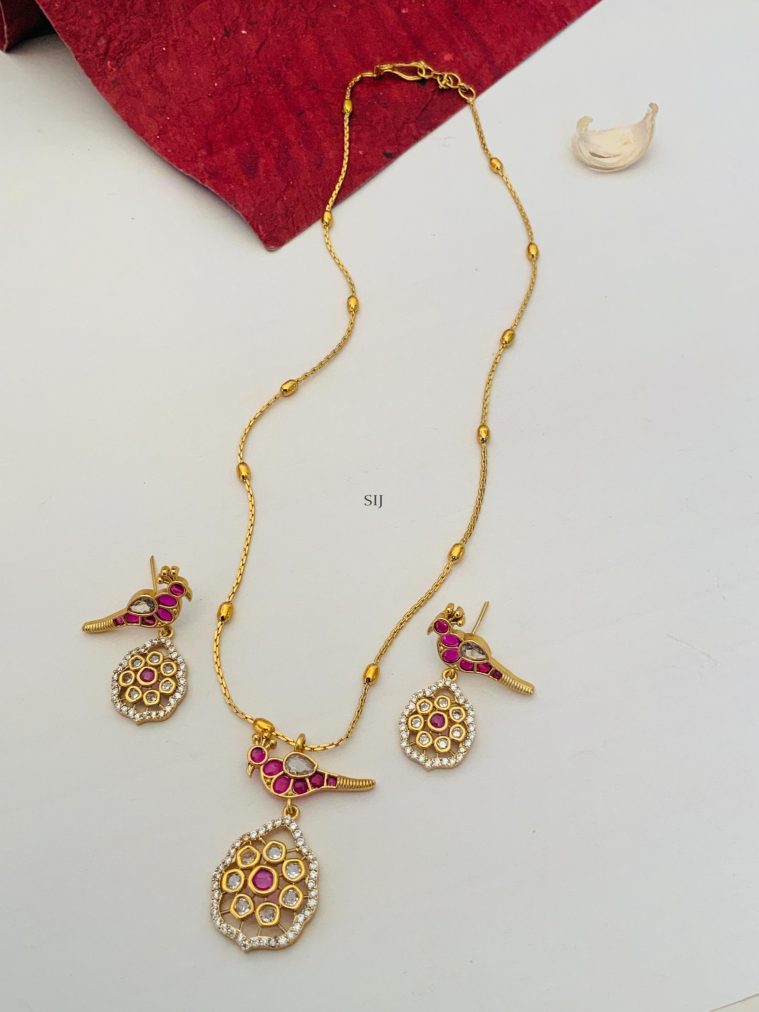 Bird Design Pendant Gold Finish Ruby &White Stone Chain