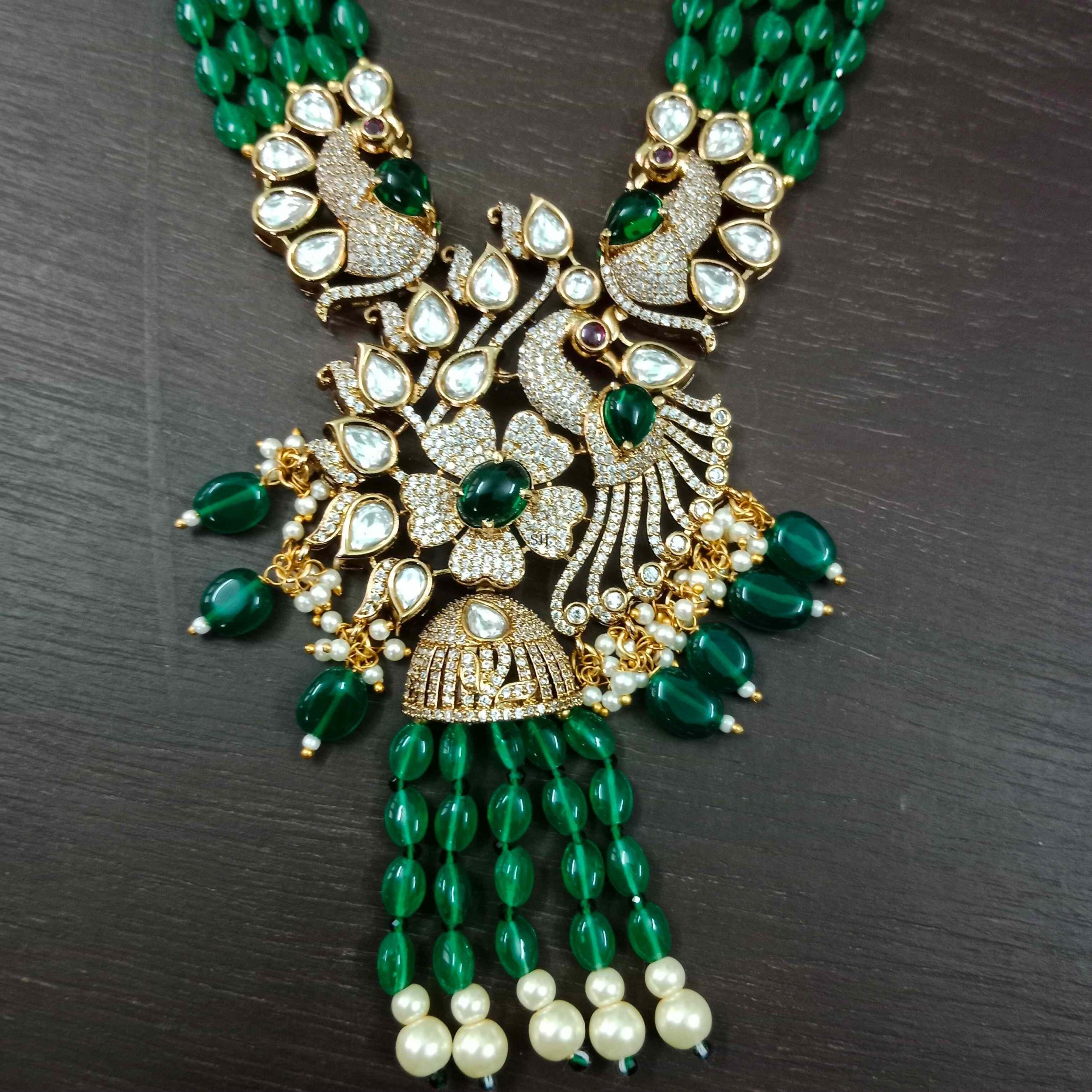 Five Layer Green Bead Victorian Peacock Haram - South India Jewels