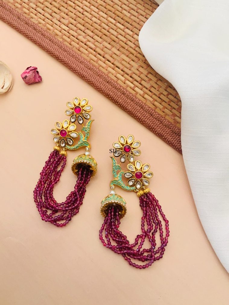 Flower Design Maroon Beaded Earrings