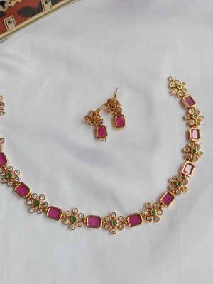 Gold Finish Flower Design Ruby and AD Stones Necklace