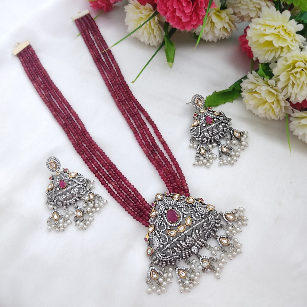 Flower Pendant Red beaded Long Necklace