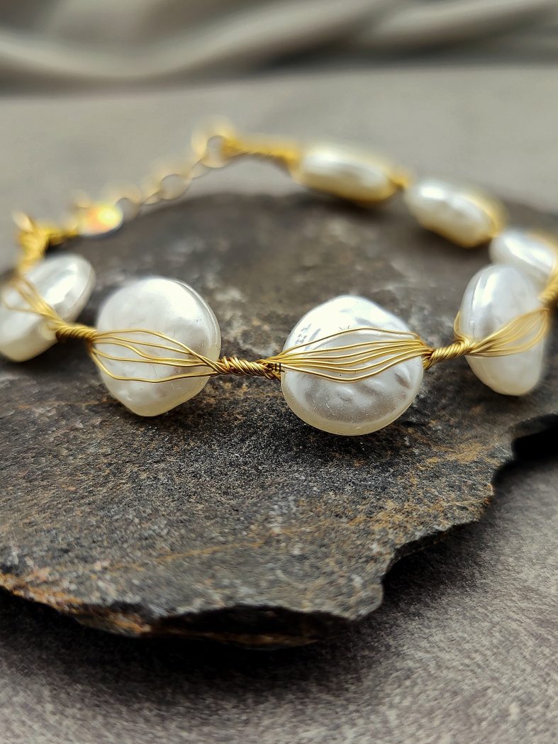 Gold Finish Asymmetrical Shape Handmade Pearl Bracelet