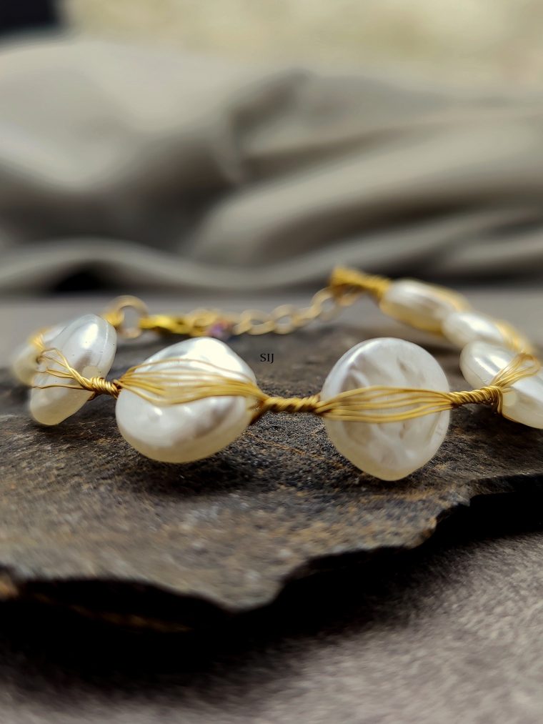 Gold Finish Asymmetrical Shape Handmade Pearl Bracelet