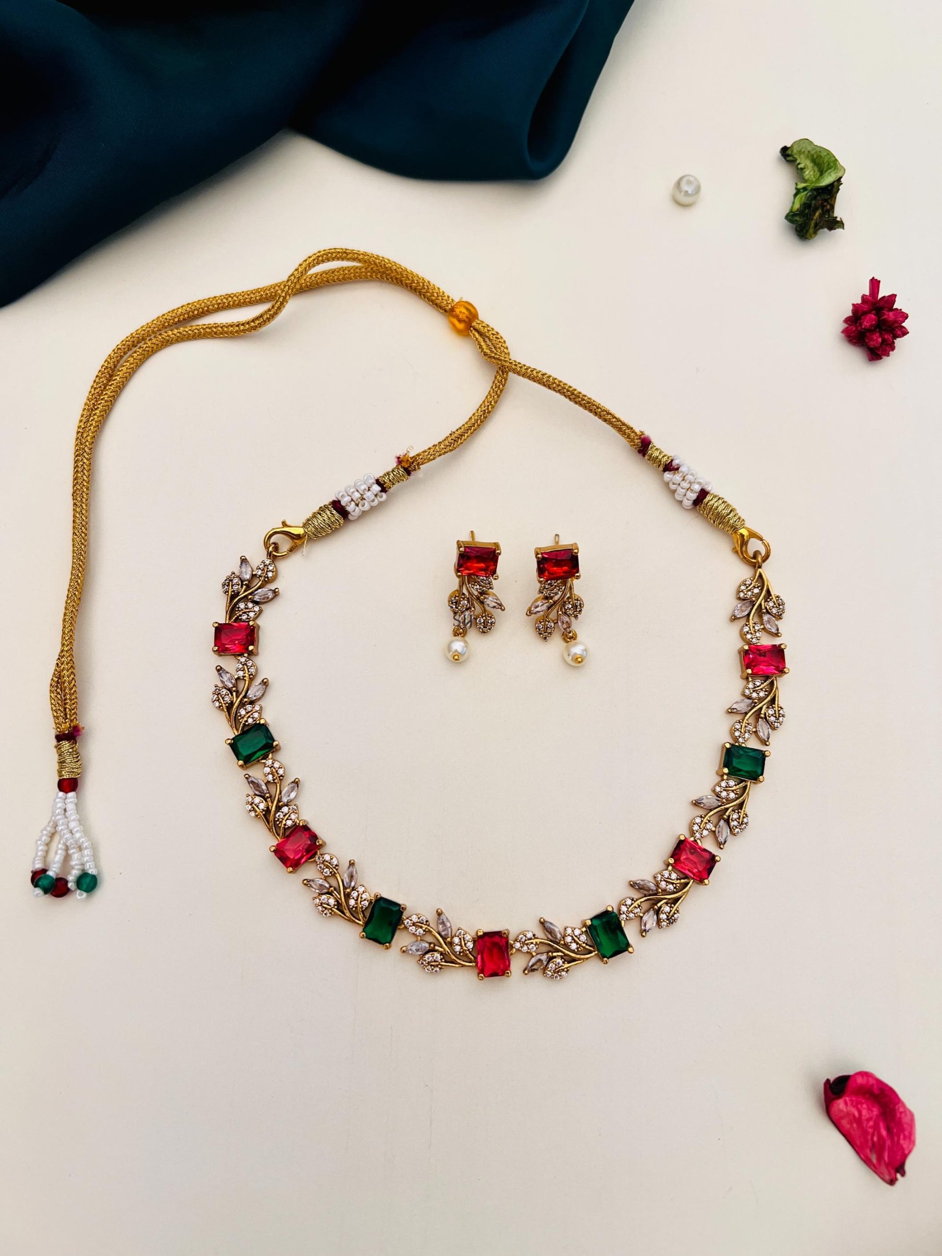 Gold Finish Flower Design Green and Red Stone Choker