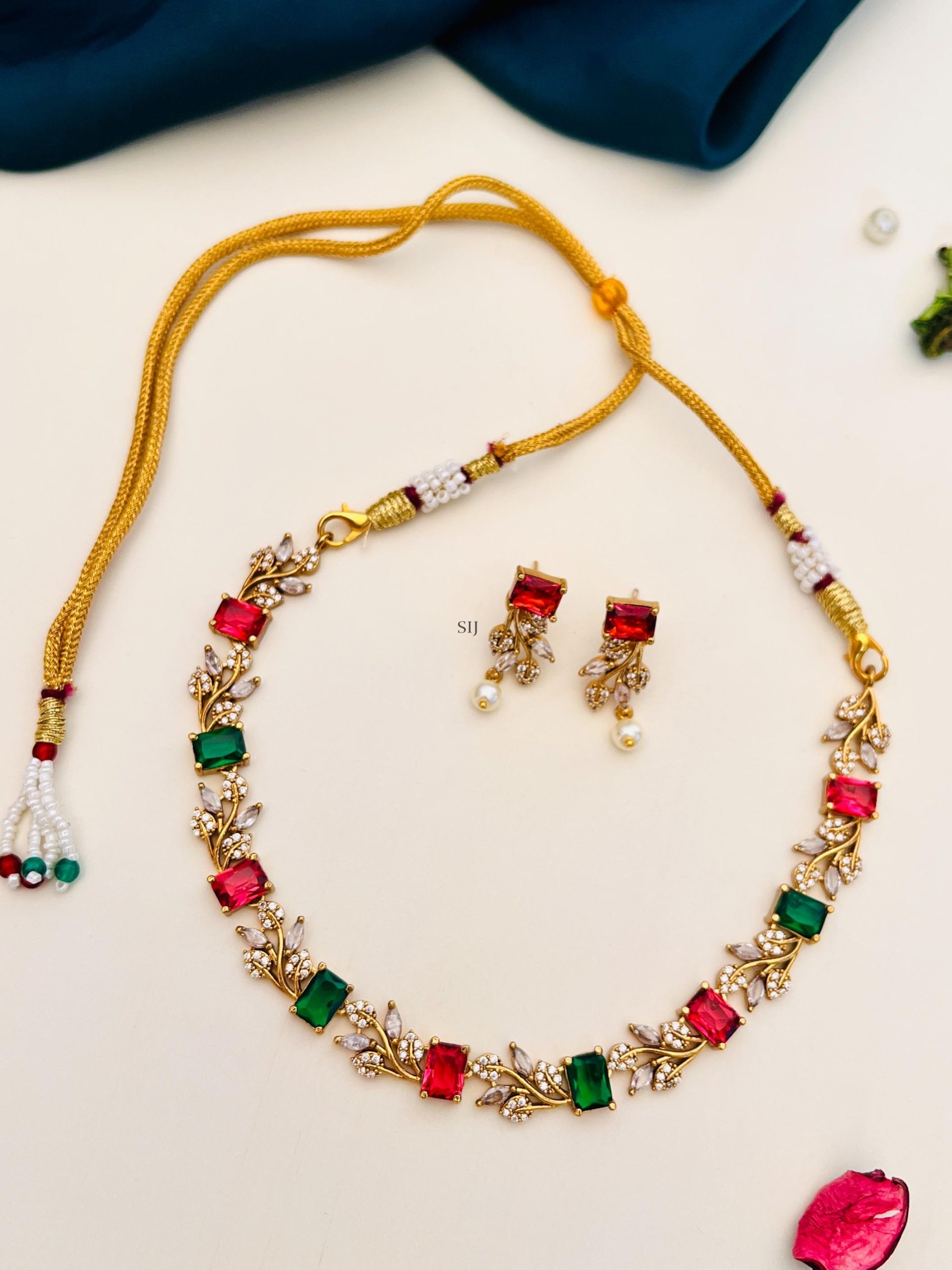 Gold Finish Flower Design Green and Red Stone Choker
