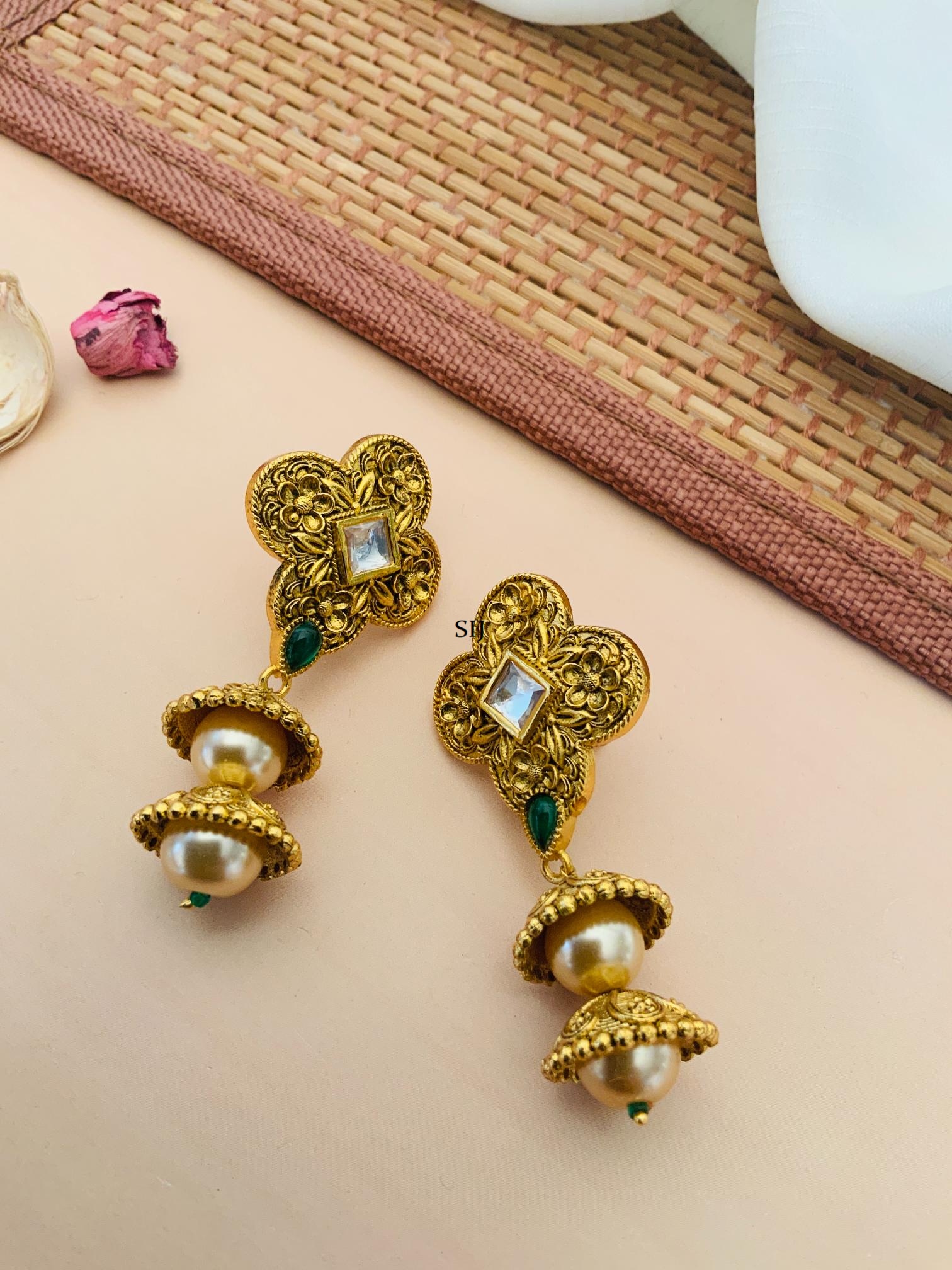 Gold Finish Flower Design Jhumkas