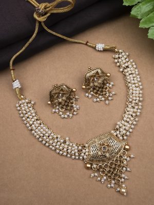 Gold Finish Flower Design Pearl Necklace