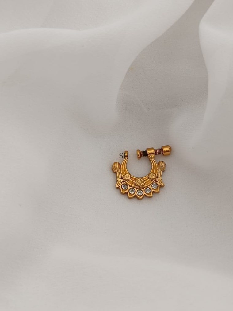 Gold Finish Flower Design White Stones Nose Pin