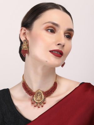 Gold Plated Lakshmi Red Beaded Necklace