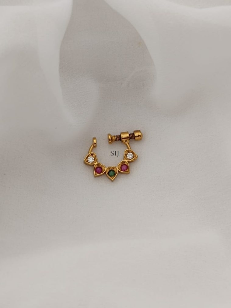 Gold Finish Multicolor Stones Heart Shape Nose Pin_1