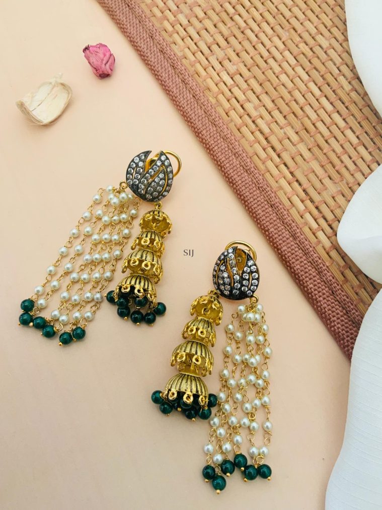 Gold Finish Pearl Drop Green Beads Jhumkas