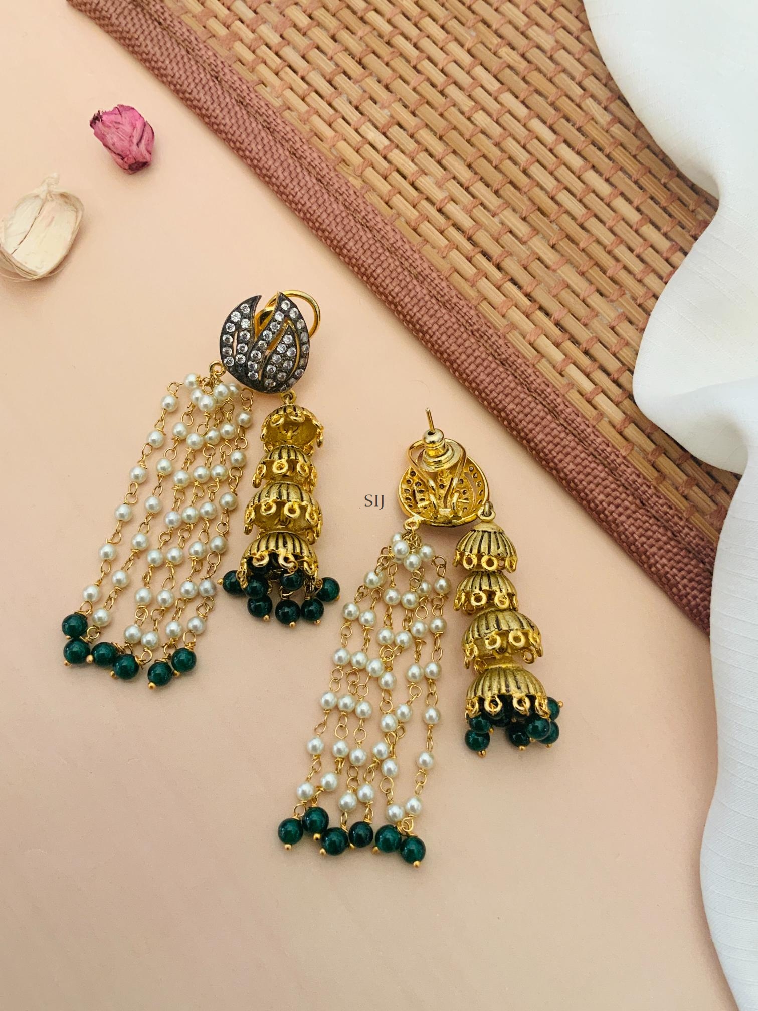 Gold Finish Pearl Drop Green Beads Jhumkas