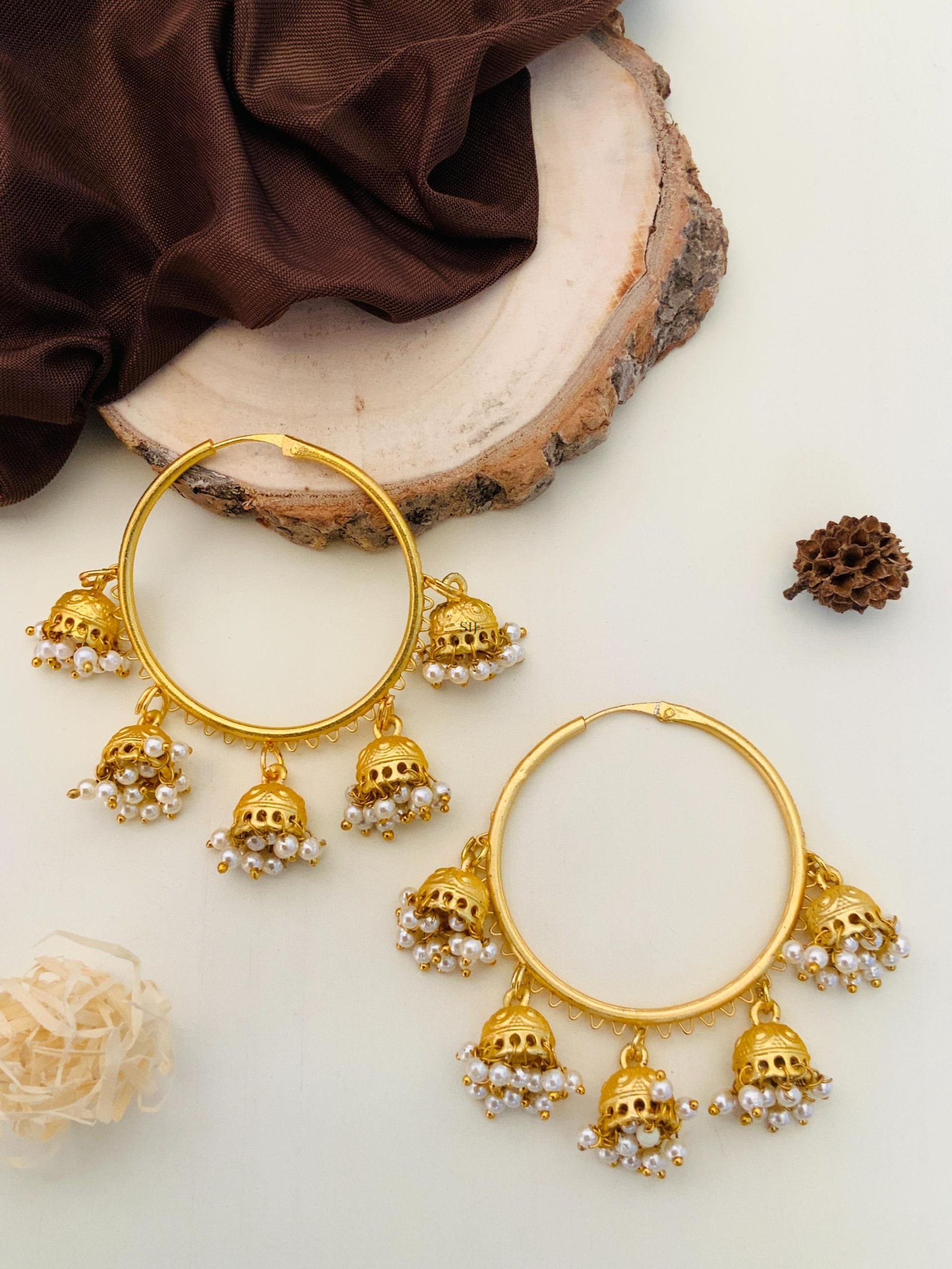 Gold Finish Pearl Drop Hoop With Jhumkas Earrings