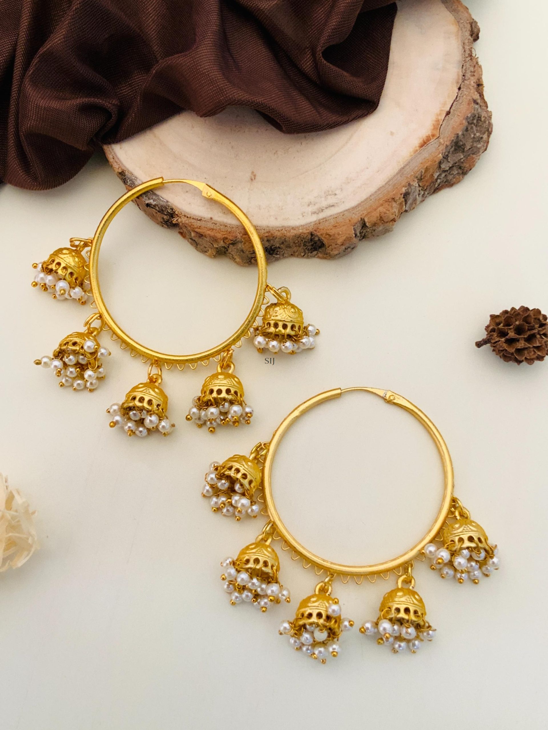 Gold Finish Pearl Drop Hoop With Jhumkas Earrings