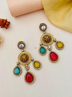 Gold Finish Stone-Studded & Beaded Drop Earring