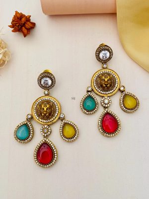 Gold Finish Stone-Studded & Beaded Drop Earring