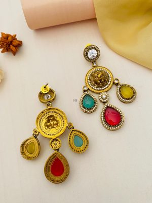 Gold Finish Stone-Studded & Beaded Drop Earring