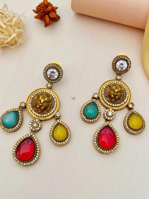 Gold Finish Stone-Studded & Beaded Drop Earring