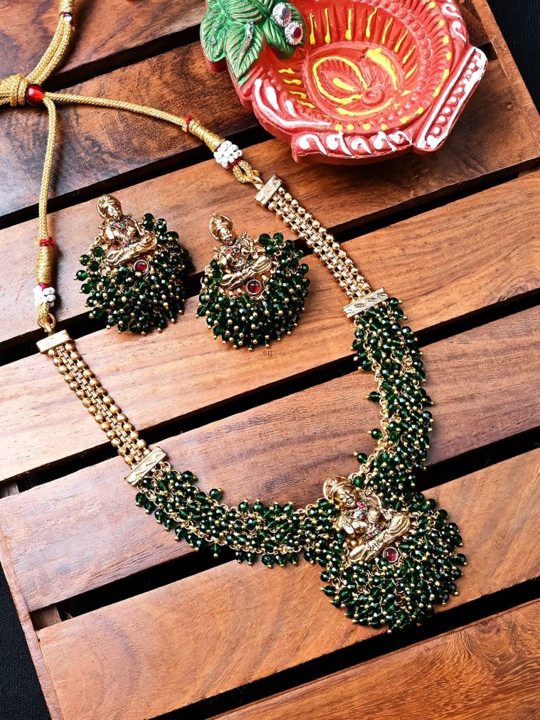 Gold Plated Green Beads Lakshmi Necklace