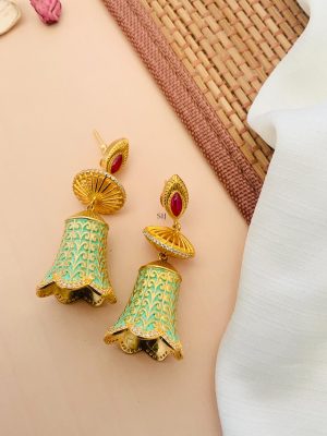 Gold Plated Green Colour Jhumkas