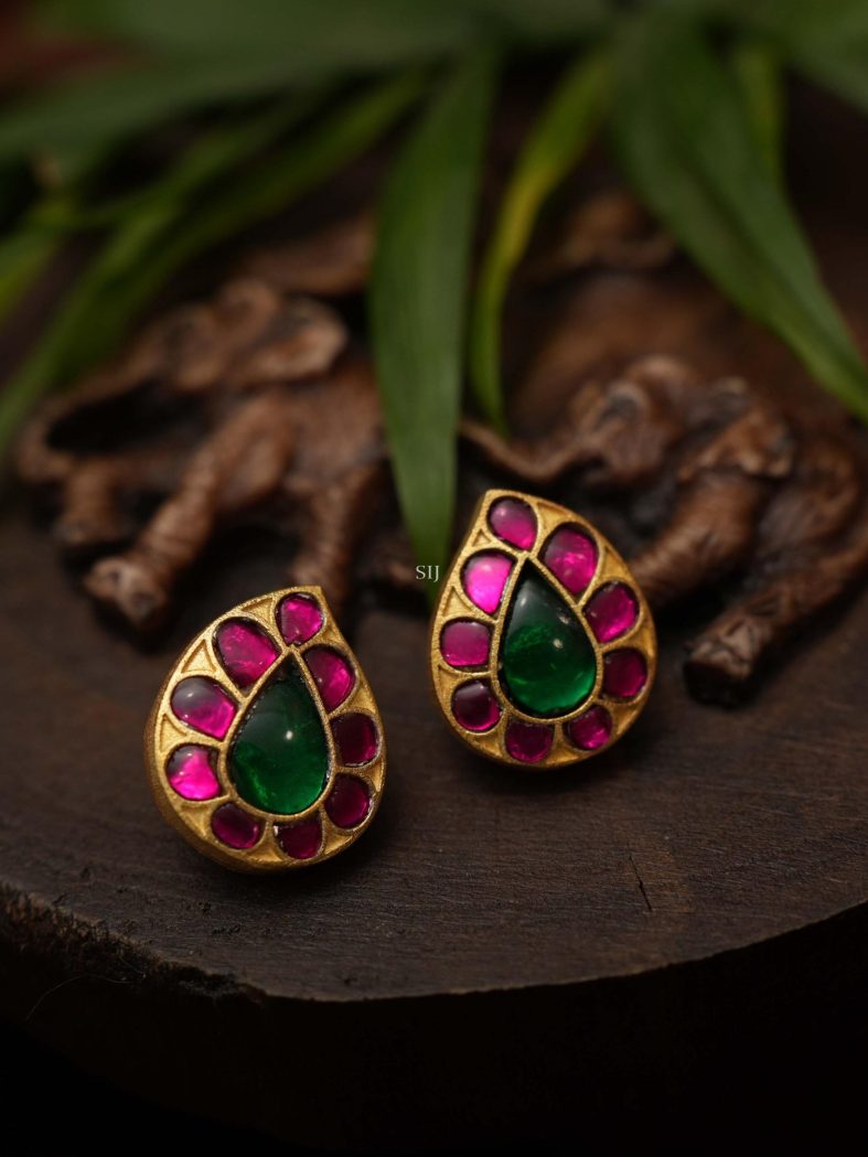 Gold Plated Pink &Green Stone Silver Ear Studs