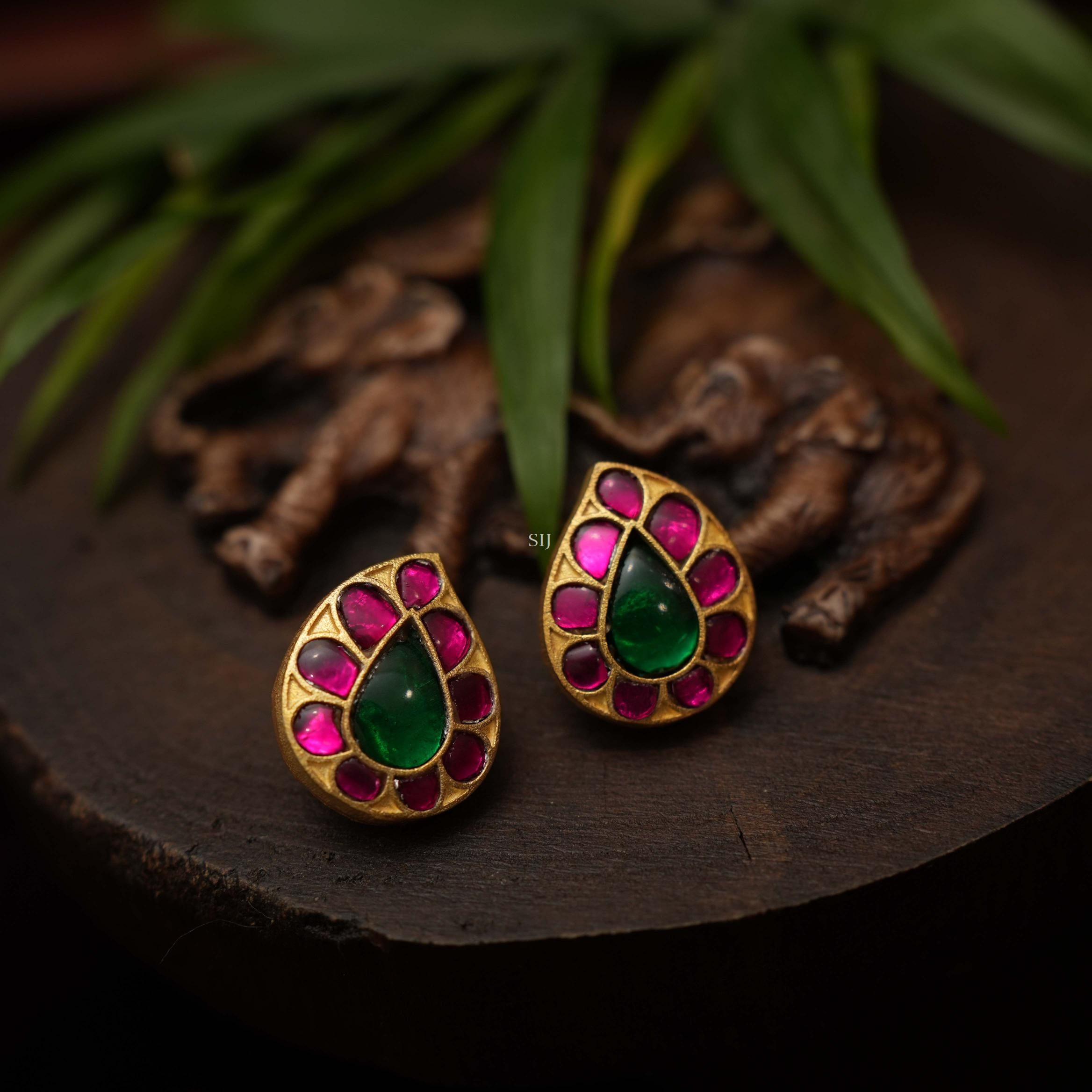 Gold Plated Pink and Green Stone Silver Ear Studs - South India Jewels