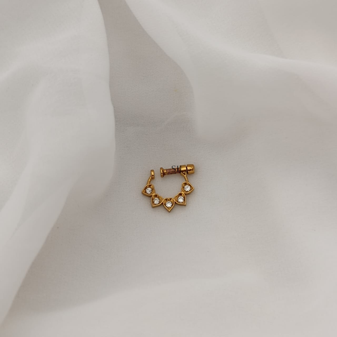 Gold Plated White Stones Heart Shape Nose Pin