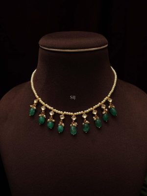 Pearl Kundan Necklace with Green Beads Hangings