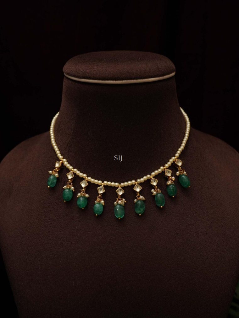 Pearl Kundan Necklace with Green Beads Hangings