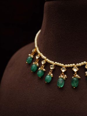 Pearl Kundan Necklace with Green Beads Hangings