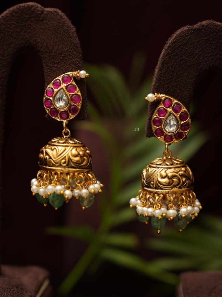 Gold Finish Reddish Pink Stones Mango Polki Jhumkas