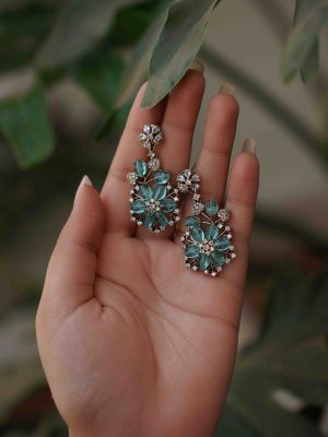 Ice Blue Stone Floral Drop Earrings