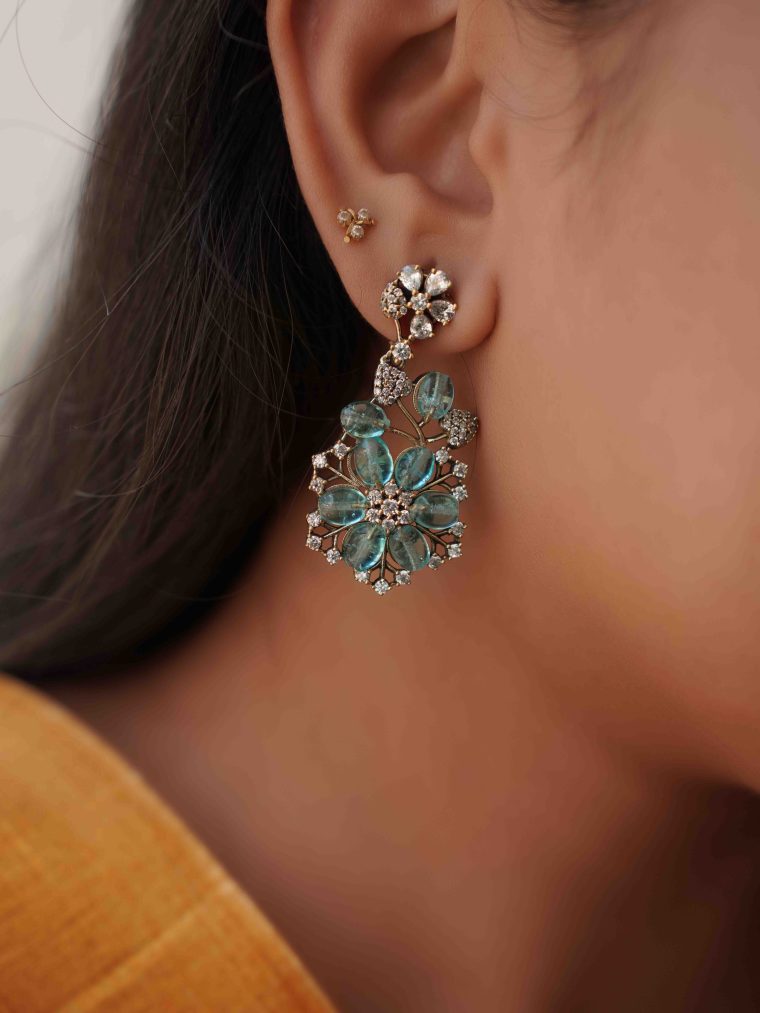 Ice Blue Stone Floral Drop Earrings